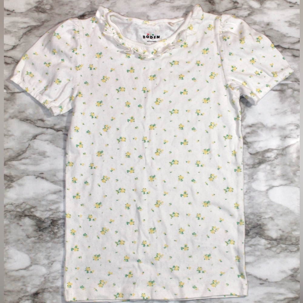 Mini Boden Girls' White Floral Ruffle Neck Pointelle Tee